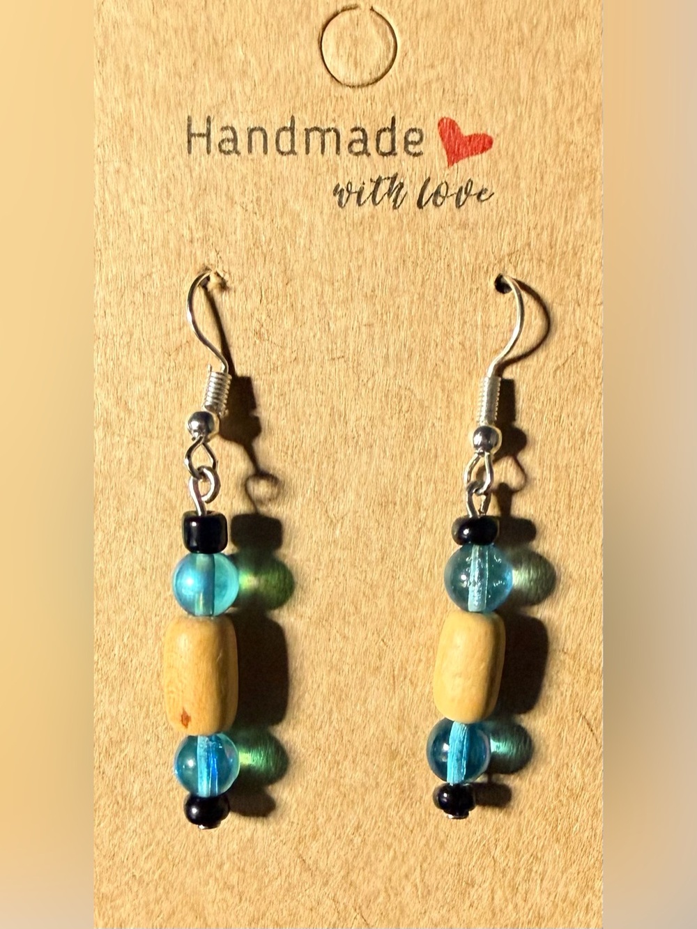 ✨Handmade✨ Blue & Natural Beaded Drop Earrings - Picture 2 of 3